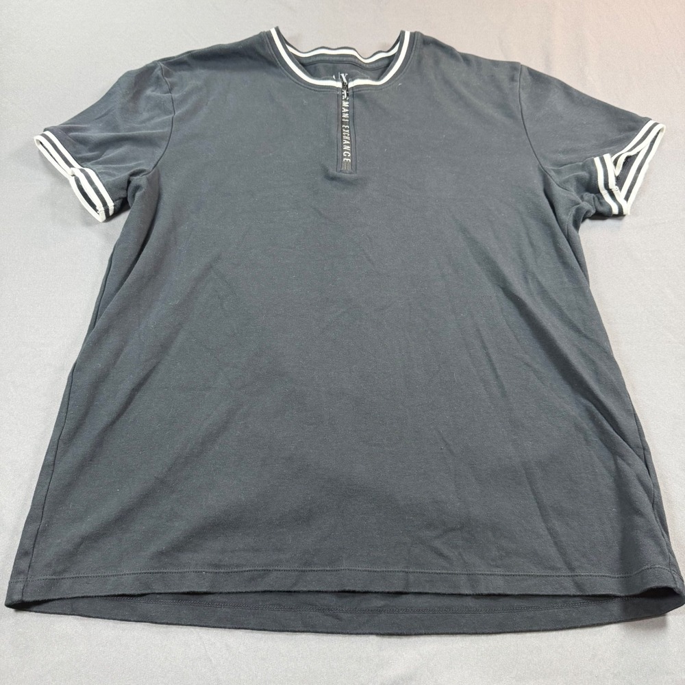 Armani Exchange Mens XXL Black Quarter Zip T-Shirt Logo Tape Stripe Trim Cotton